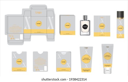 Diseño de empaque, caja de perfumes de lujo, perfume de bolsillo, diseño de vídeo y plancha de crema facial y caja de maquetas. Vector de ilustración.