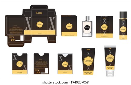 Packaging design, luxury perfume box, pocket perfume, deo design and face cream template and mock up box. Illustration vector.