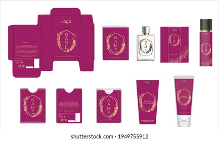 Packaging design, luxury perfume box, pocket perfume, deo design and face cream template and mock up box. Illustration vector.