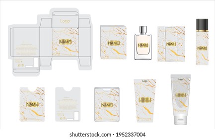 Diseño de empaque, caja de perfumes de lujo, perfume de bolsillo, diseño de vídeo y plancha de crema facial y caja de maquetas. Vector de ilustración.