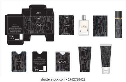 Diseño de empaque, caja de perfumes de lujo, perfume de bolsillo, diseño de vídeo y plancha de crema facial y caja de maquetas. Vector de ilustración.