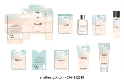 Packaging design, luxury perfume box, pocket perfume, deo design and face cream template and mock up box. Illustration vector.