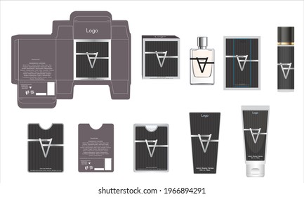 Packaging design, luxury perfume box, pocket perfume, deo design and face cream template and mock up box. Illustration vector.