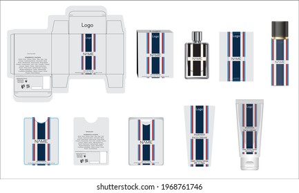 Verpackungsdesign, luxuriöse Parfüm-Box, Taschenparfüm, Deko-Design und Gesichtscreme-Vorlage und Modell-Box. Illustrationsvektor.