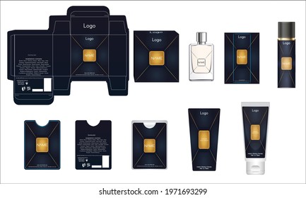 Packaging design, luxury perfume box, pocket perfume, deo design and face cream template and mock up box. Illustration vector.