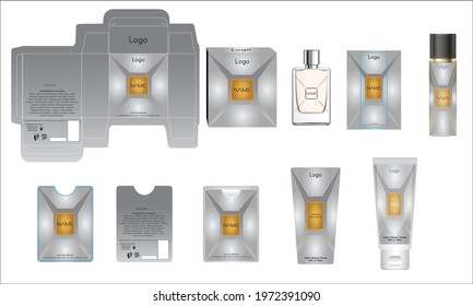 Packaging design, luxury perfume box, pocket perfume, deo design and face cream template and mock up box. Illustration vector.