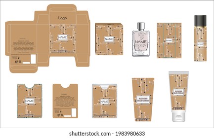 Packaging design, luxury perfume box, pocket perfume, deo design and face cream template and mock up box. Illustration vector.