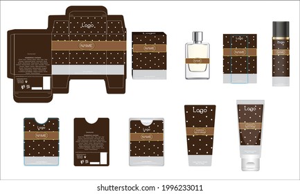 Diseño de empaque, caja de perfumes de lujo, perfume de bolsillo, diseño de vídeo y plancha de crema facial y caja de maquetas. Vector de ilustración.