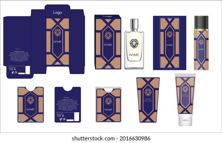 Packaging design, luxury perfume box, pocket perfume, deo design and face cream template and mock up box. Illustration vector.