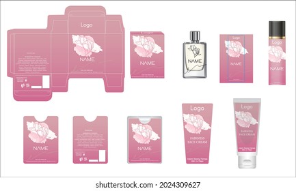 Packaging design, luxury perfume box, pocket perfume, deo design and face cream template and mock up box. Illustration vector.