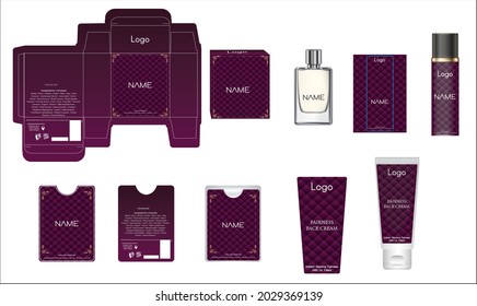 Packaging design, luxury perfume box, pocket perfume, deo design and face cream template and mock up box. Illustration vector.