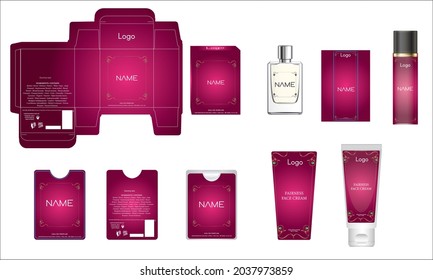 Packaging design, luxury perfume box, pocket perfume, deo design and face cream template and mock up box. Illustration vector.