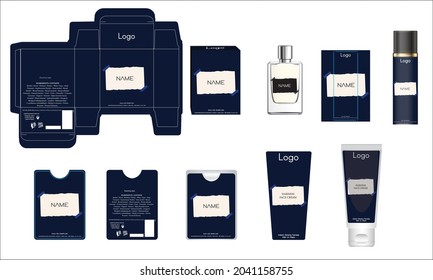 Packaging design, luxury perfume box, pocket perfume, deo design and face cream template and mock up box. Illustration vector.