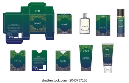 Verpackungsdesign, luxuriöse Parfüm-Box, Taschenparfüm, Deko-Design und Gesichtscreme-Vorlage und Modell-Box. Illustrationsvektor.
