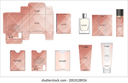 Diseño de empaque, caja de perfumes de lujo, perfume de bolsillo, diseño de vídeo y plancha de crema facial y caja de maquetas. Vector de ilustración.