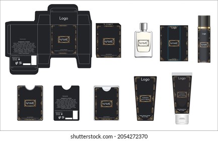 Diseño de empaque, caja de perfumes de lujo, perfume de bolsillo, diseño de vídeo y plancha de crema facial y caja de maquetas. Vector de ilustración.