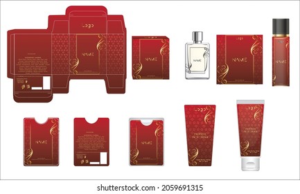 Diseño de empaque, caja de perfumes de lujo, perfume de bolsillo, diseño de vídeo y plancha de crema facial y caja de maquetas. Vector de ilustración.