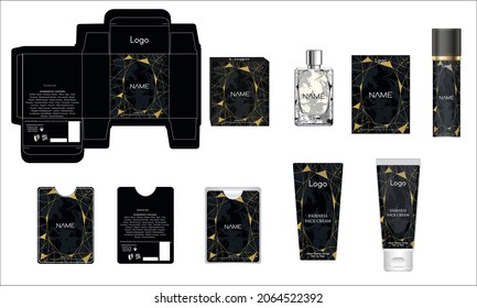 Packaging design, luxury perfume box, pocket perfume, deo design and face cream template and mock up box. Illustration vector.