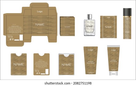 Diseño de empaque, caja de perfumes de lujo, perfume de bolsillo, diseño de vídeo y plancha de crema facial y caja de maquetas. Vector de ilustración.