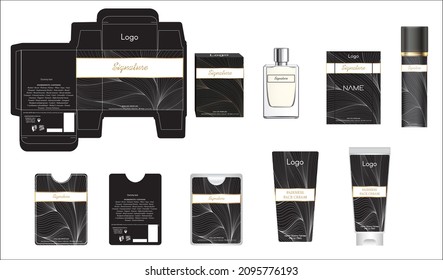 Diseño de empaque, caja de perfumes de lujo, perfume de bolsillo, diseño de vídeo y plancha de crema facial y caja de maquetas. Vector de ilustración.