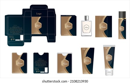 Diseño de empaque, caja de perfumes de lujo, perfume de bolsillo, diseño de vídeo y plancha de crema facial y caja de maquetas. Vector de ilustración.