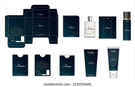 Diseño de empaque, caja de perfumes de lujo, perfume de bolsillo, diseño de vídeo y plancha de crema facial y caja de maquetas. Vector de ilustración.