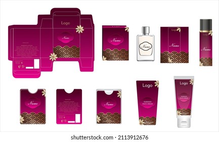 Diseño de empaque, caja de perfumes de lujo, perfume de bolsillo, diseño de vídeo y plancha de crema facial y caja de maquetas. Vector de ilustración.