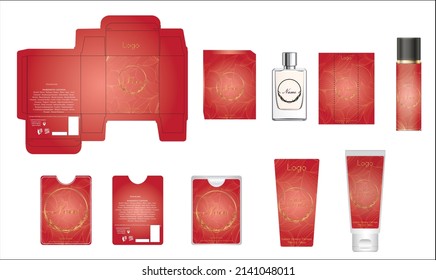 Diseño de empaque, caja de perfumes de lujo, perfume de bolsillo, diseño de vídeo y plancha de crema facial y caja de maquetas. Vector de ilustración.
