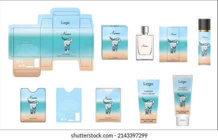Verpackungsdesign, luxuriöse Parfüm-Box, Taschenparfüm, Deko-Design und Gesichtscreme-Vorlage und Modell-Box. Illustrationsvektor.