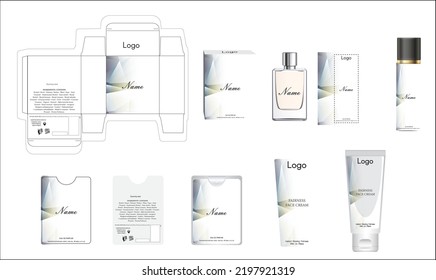 Packaging design, luxury perfume box, pocket perfume, deo design and face cream template and mock up box. Illustration vector.