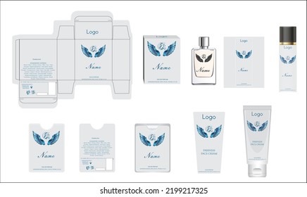 Diseño de empaque, caja de perfumes de lujo, perfume de bolsillo, diseño de vídeo y plancha de crema facial y caja de maquetas. Vector de ilustración.