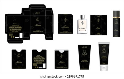 Packaging design, luxury perfume box, pocket perfume, deo design and face cream template and mock up box. Illustration vector.