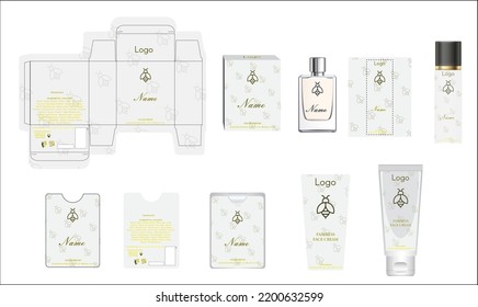 Packaging design, luxury perfume box, pocket perfume, deo design and face cream template and mock up box. Illustration vector.