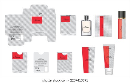 Packaging design, luxury perfume box, pocket perfume, deo design and face cream template and mock up box. Illustration vector.