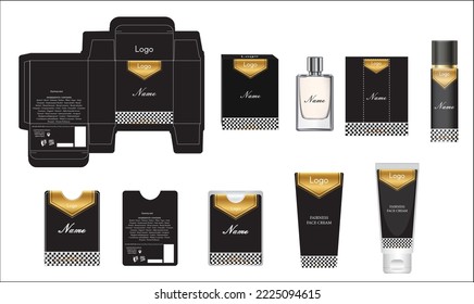 Diseño de empaque, caja de perfumes de lujo, perfume de bolsillo, diseño de vídeo y plancha de crema facial y caja de maquetas. Vector de ilustración.
