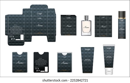 Packaging design, luxury perfume box, pocket perfume, deo design and face cream template and mock up box. Illustration vector.