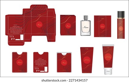 Diseño de empaque, caja de perfumes de lujo, perfume de bolsillo, diseño de vídeo y plancha de crema facial y caja de maquetas. Vector de ilustración.