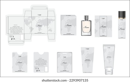 Packaging design, luxury perfume box, pocket perfume, deo design and face cream template and mock up box. Illustration vector.