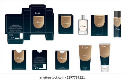 Packaging design, luxury perfume box, pocket perfume, deo design and face cream template and mock up box. Illustration vector.