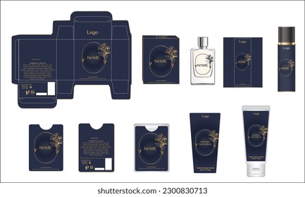 Packaging design, luxury perfume box, pocket perfume, deo design and face cream template and mock up box. Illustration vector.