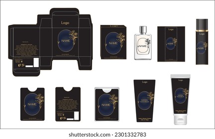 Diseño de empaque, caja de perfumes de lujo, perfume de bolsillo, diseño de vídeo y plancha de crema facial y caja de maquetas. Vector de ilustración.