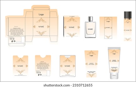 Diseño de empaque, caja de perfumes de lujo, perfume de bolsillo, diseño de vídeo y plancha de crema facial y caja de maquetas. Vector de ilustración.