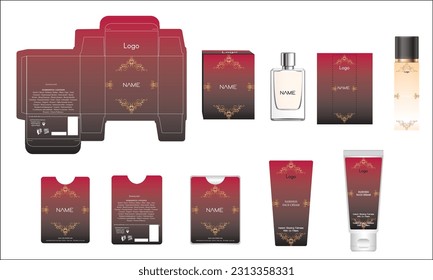 Packaging design, luxury perfume box, pocket perfume, deo design and face cream template and mock up box. Illustration vector.