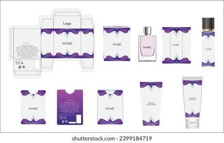 Packaging design, luxury perfume box, pocket perfume, deo design and face cream template and mock up box. Illustration vector.