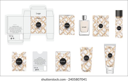 Packaging design, luxury perfume box, pocket perfume, deo design and face cream template and mock up box. Illustration vector.