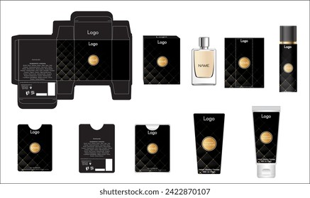 Diseño de empaque, caja de perfumes de lujo, perfume de bolsillo, diseño de vídeo y plancha de crema facial y caja de maquetas. Vector de ilustración.