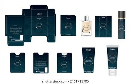 Packaging design, luxury perfume box, pocket perfume, deo design and face cream template and mock up box. Illustration vector.