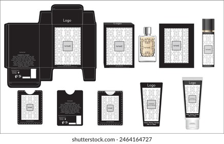 Packaging design, luxury perfume box, pocket perfume, deo design and face cream template and mock up box. Illustration vector.