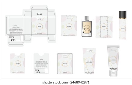 Packaging design, luxury perfume box, pocket perfume, deo design and face cream template and mock up box. Illustration vector.