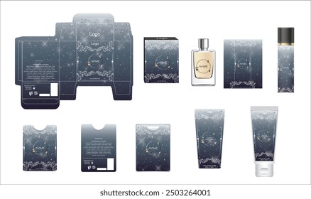 Packaging design, luxury perfume box, pocket perfume, deo design and face cream template and mock up box. Illustration vector.